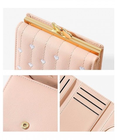 Ladies Tri Fold Mini Multi Function ID Purse Embroidered Heart Short Ladies Clip Wallet Cute Wallets (Pink, One Size) Pink On...