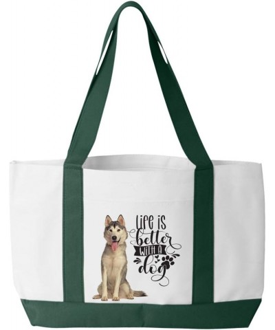 Life Is Better Siberian Husky Dog Puppy Tote Bag White/Forest $14.07 Shoulder Bags