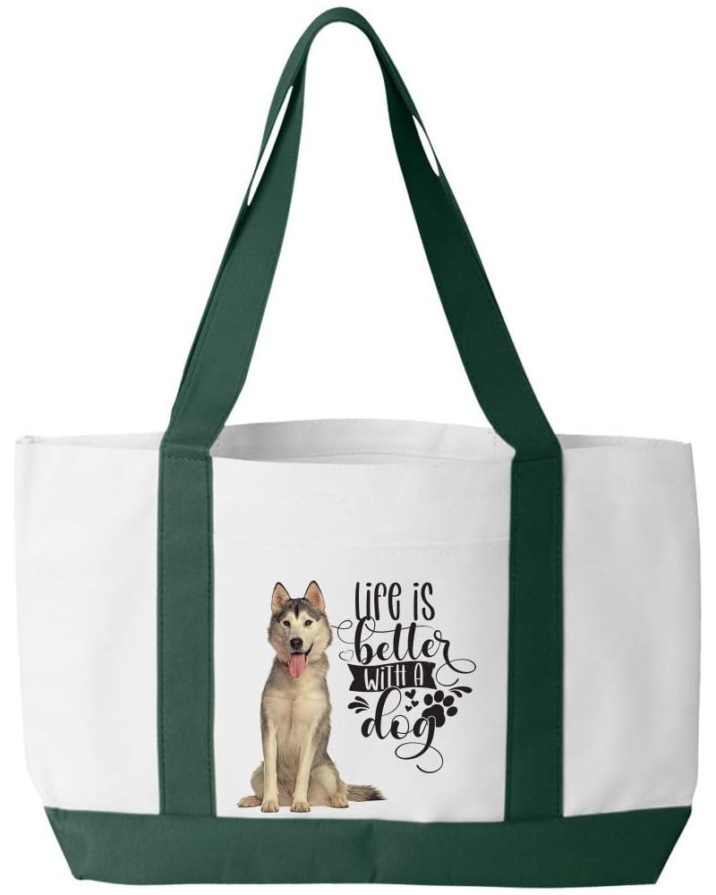 Life Is Better Siberian Husky Dog Puppy Tote Bag White/Forest $14.07 Shoulder Bags