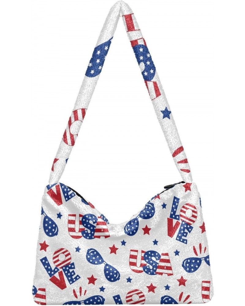 Patriotic Us Independence Day Furry Tote Bag for Women Crossbody Bag Shoulder Handbag Cross Body Bag with Zipper for Shopping...