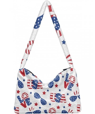 Patriotic Us Independence Day Furry Tote Bag for Women Crossbody Bag Shoulder Handbag Cross Body Bag with Zipper for Shopping...