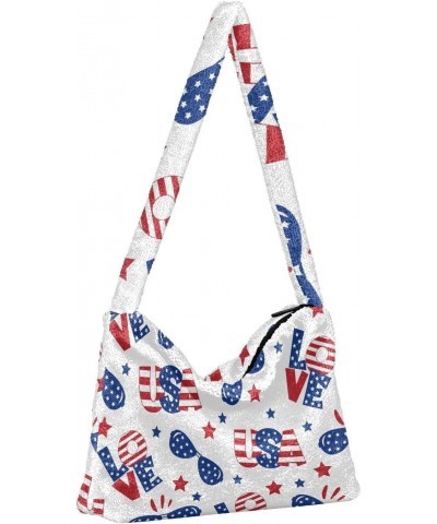 Patriotic Us Independence Day Furry Tote Bag for Women Crossbody Bag Shoulder Handbag Cross Body Bag with Zipper for Shopping...