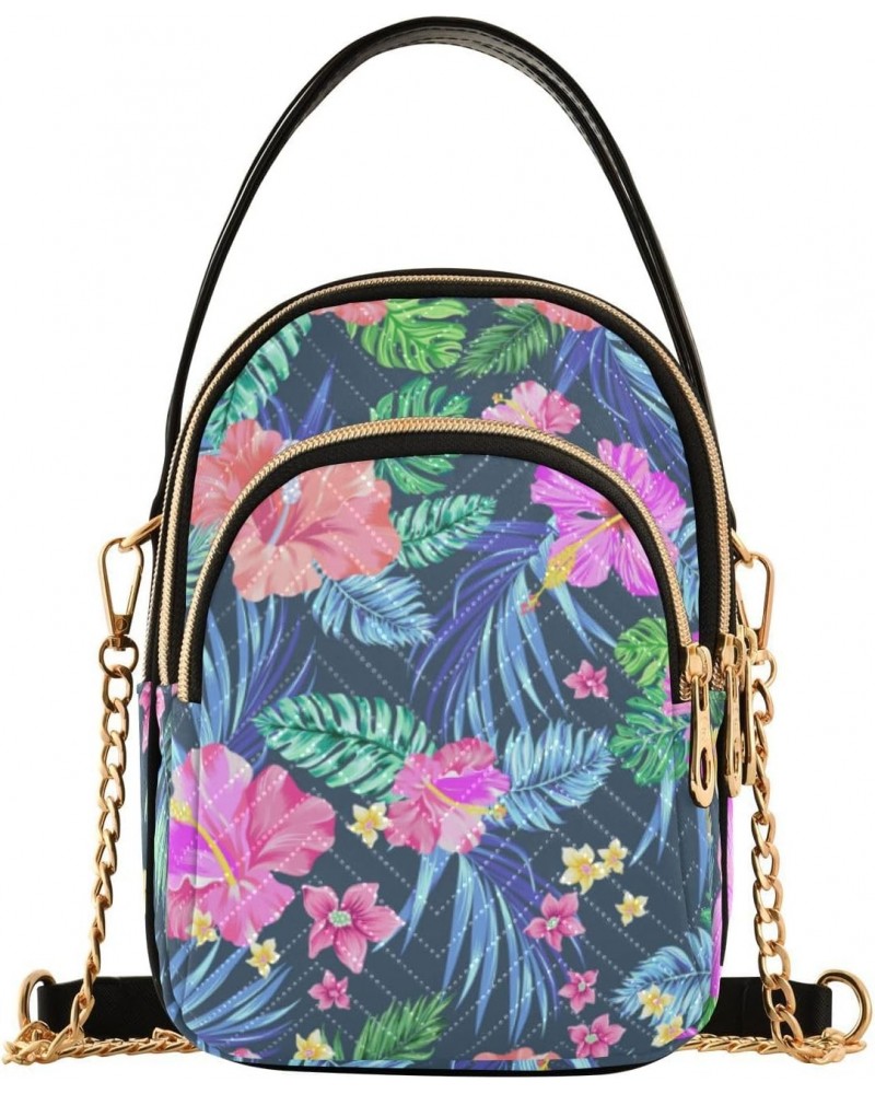 Hibiscus Palms Daisies Flowers Crossbody Bags for Women Crossbody Tote Bag Mini Messenger Shoulder Bag with Chain Strap for C...