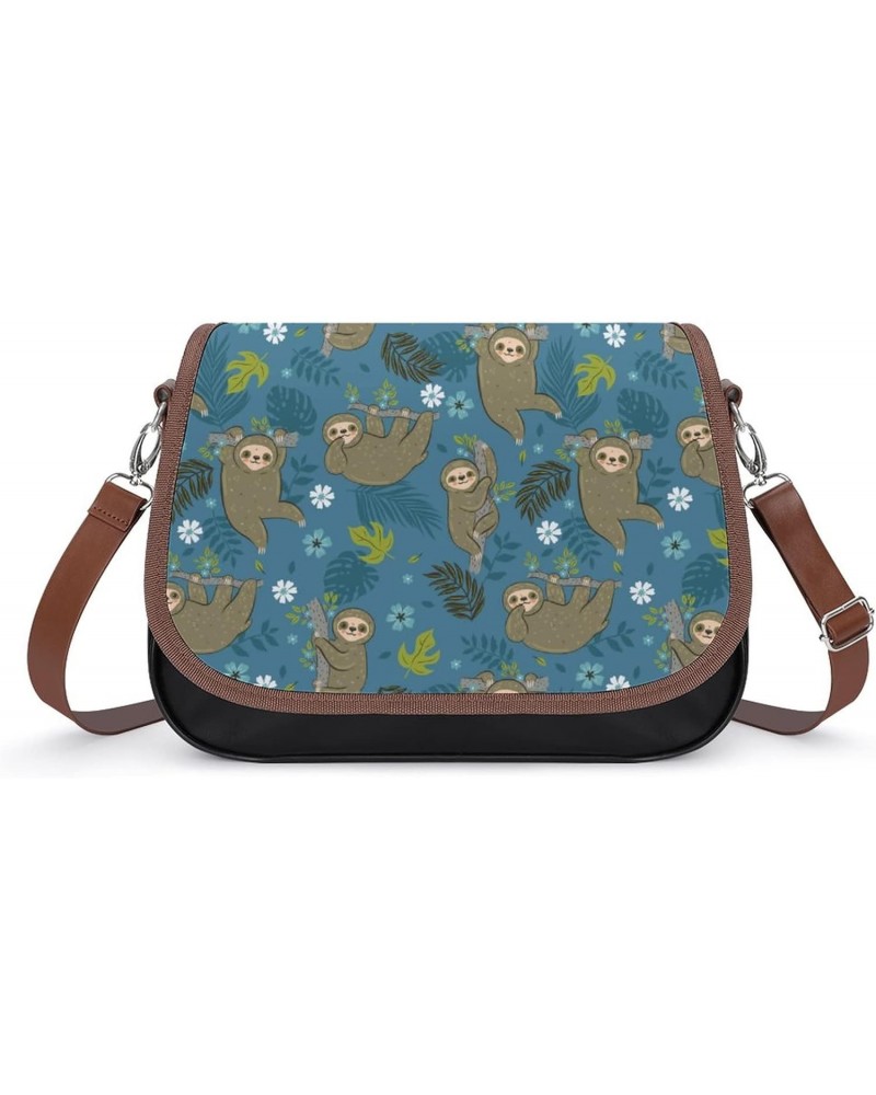 Sloths Tropical Leaves Graphics Women Leather Expandable Travel Crossbody Adjustable Strap $18.17 Crossbody Bags