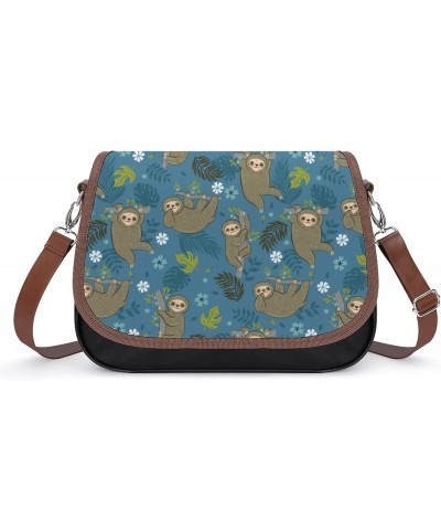 Sloths Tropical Leaves Graphics Women Leather Expandable Travel Crossbody Adjustable Strap $18.17 Crossbody Bags