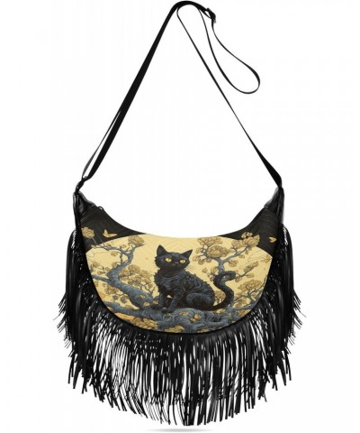 Women's Fringe Crossbody Tassel Purse Cat Sitting Tree Hobo Shoulder Bags Crossbody Handbag with Adjustable Shoulder Straps $...