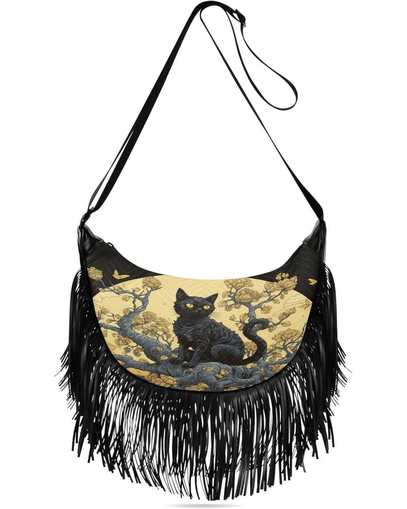 Women's Fringe Crossbody Tassel Purse Cat Sitting Tree Hobo Shoulder Bags Crossbody Handbag with Adjustable Shoulder Straps $...