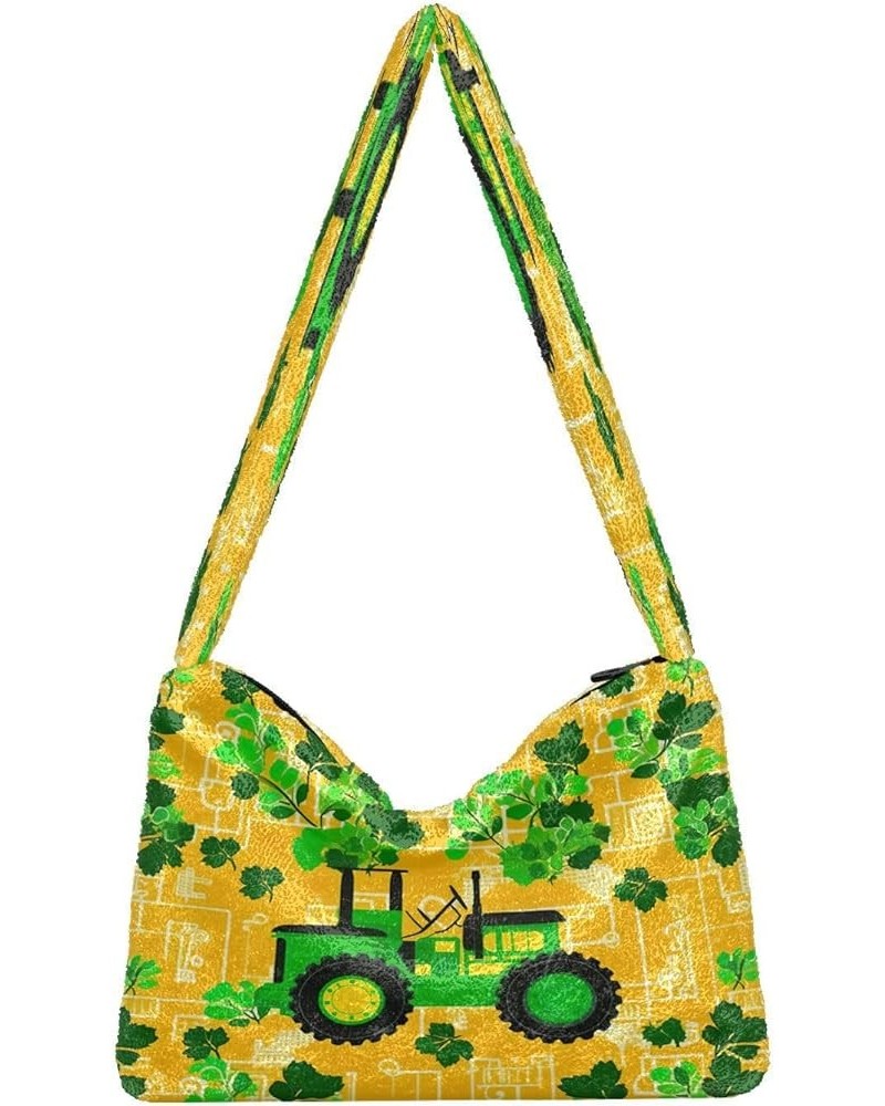 Shamrock and Tractor with Green Leaves Women Handbags Shoulder Bag, Soft Plush Bags, Womens Outdoor Bag Shamrock and Tractor ...