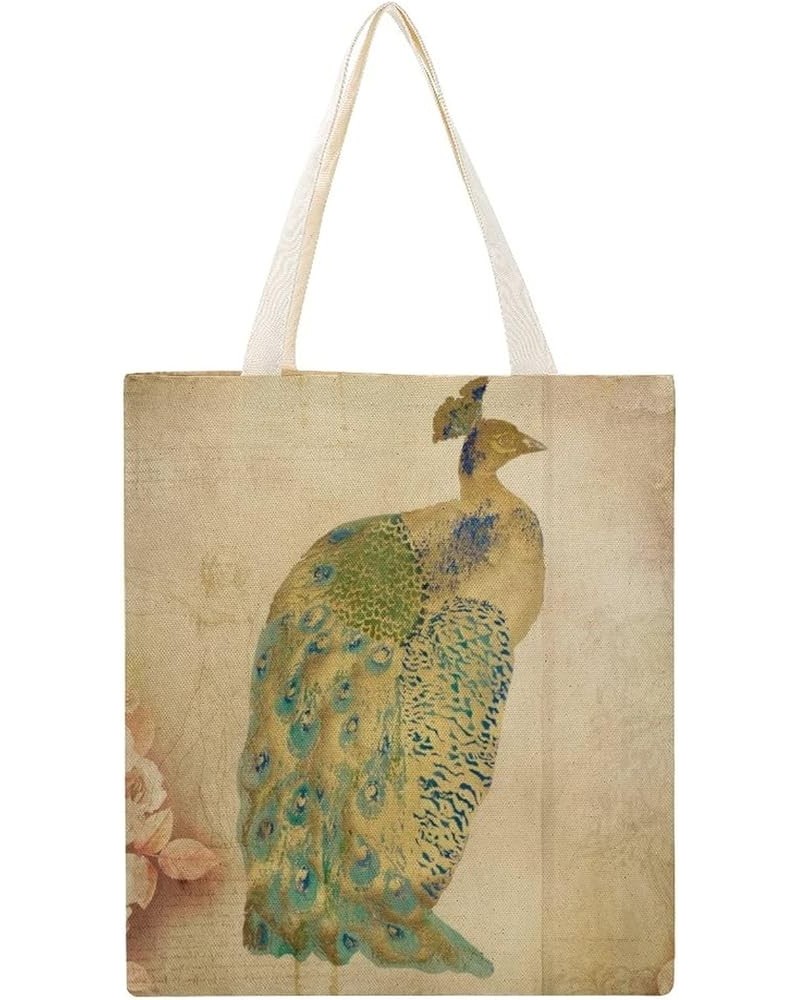 Canvas Tote Bag, Retro Cyan Peacock Shopping Bag with Zipper & Handle for School Travel, Reusable Shopping Grocery Bags Style...