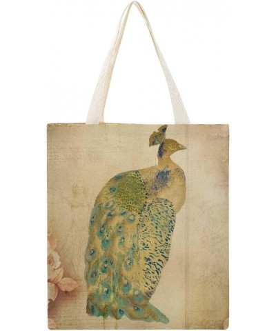 Canvas Tote Bag, Retro Cyan Peacock Shopping Bag with Zipper & Handle for School Travel, Reusable Shopping Grocery Bags Style...