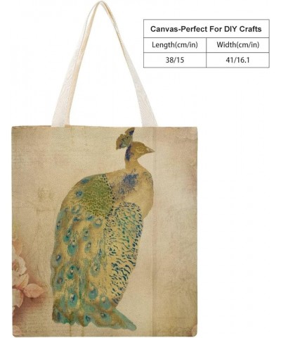 Canvas Tote Bag, Retro Cyan Peacock Shopping Bag with Zipper & Handle for School Travel, Reusable Shopping Grocery Bags Style...