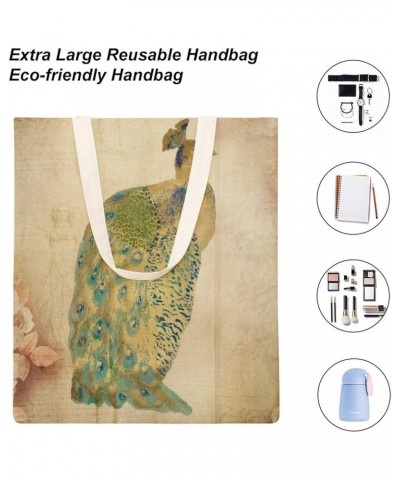 Canvas Tote Bag, Retro Cyan Peacock Shopping Bag with Zipper & Handle for School Travel, Reusable Shopping Grocery Bags Style...