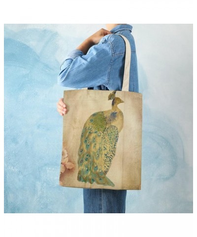 Canvas Tote Bag, Retro Cyan Peacock Shopping Bag with Zipper & Handle for School Travel, Reusable Shopping Grocery Bags Style...