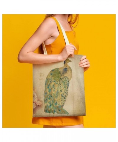 Canvas Tote Bag, Retro Cyan Peacock Shopping Bag with Zipper & Handle for School Travel, Reusable Shopping Grocery Bags Style...