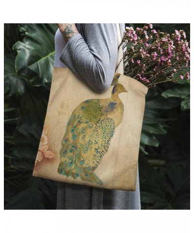 Canvas Tote Bag, Retro Cyan Peacock Shopping Bag with Zipper & Handle for School Travel, Reusable Shopping Grocery Bags Style...