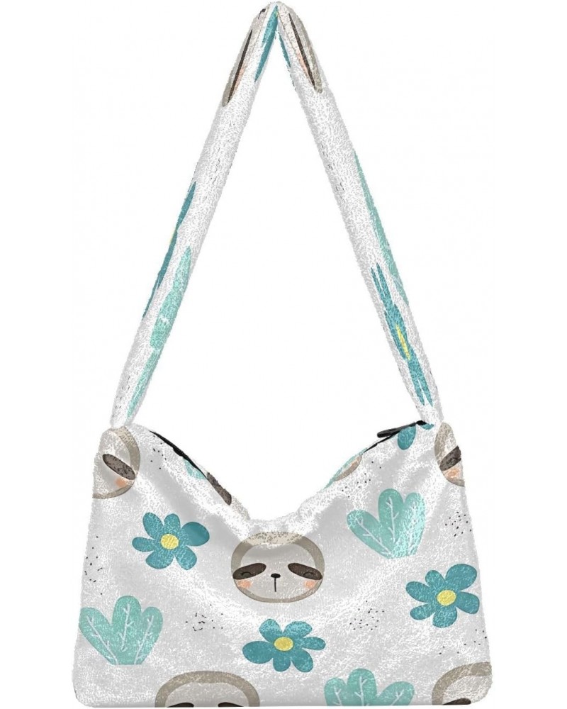 Sweet Sloth Floral Girls Ladies Hobo Handbags, Furry Tote Women's Shoulder Handbag $10.50 Totes