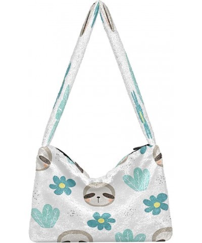 Sweet Sloth Floral Girls Ladies Hobo Handbags, Furry Tote Women's Shoulder Handbag $10.50 Totes