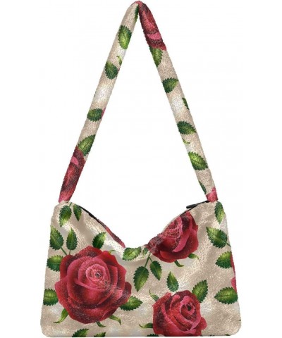 Red Roses Leaves Fluffy Tote Bag Handbag Purse Shoulder Bag Crossbody Bags for Women Work Gift with Zipper $8.61 Totes