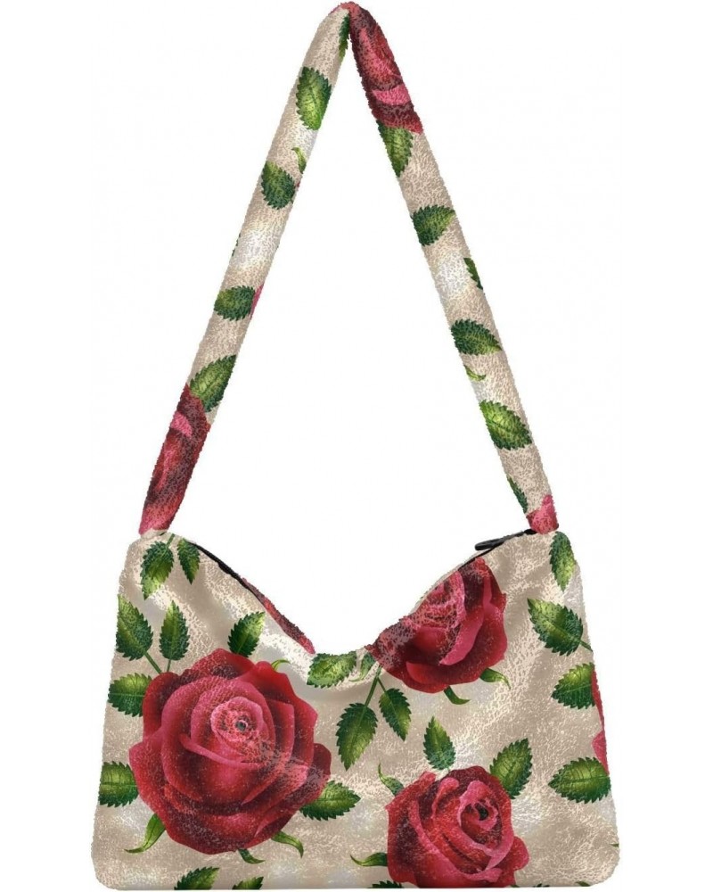 Red Roses Leaves Fluffy Tote Bag Handbag Purse Shoulder Bag Crossbody Bags for Women Work Gift with Zipper $8.61 Totes