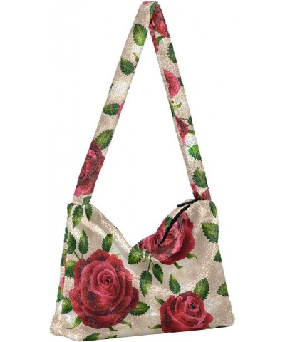 Red Roses Leaves Fluffy Tote Bag Handbag Purse Shoulder Bag Crossbody Bags for Women Work Gift with Zipper $8.61 Totes