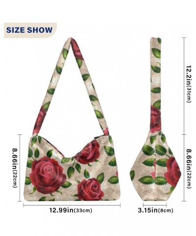 Red Roses Leaves Fluffy Tote Bag Handbag Purse Shoulder Bag Crossbody Bags for Women Work Gift with Zipper $8.61 Totes