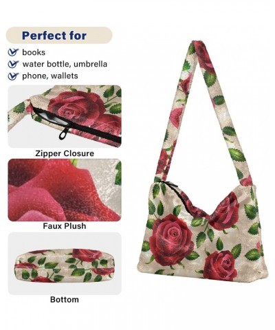 Red Roses Leaves Fluffy Tote Bag Handbag Purse Shoulder Bag Crossbody Bags for Women Work Gift with Zipper $8.61 Totes