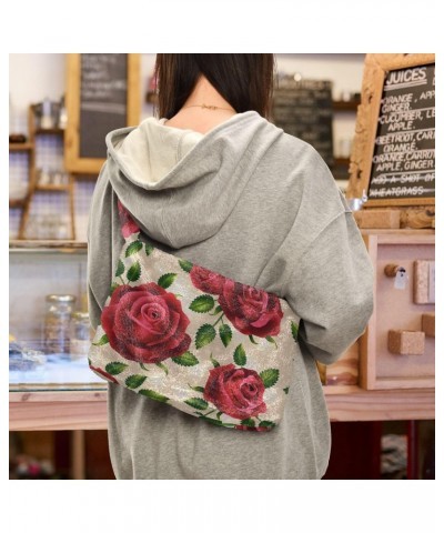 Red Roses Leaves Fluffy Tote Bag Handbag Purse Shoulder Bag Crossbody Bags for Women Work Gift with Zipper $8.61 Totes