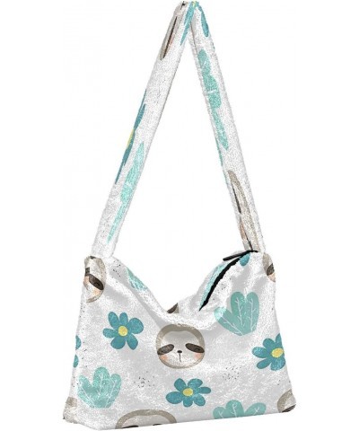 Sweet Sloth Floral Girls Ladies Hobo Handbags, Furry Tote Women's Shoulder Handbag $10.50 Totes