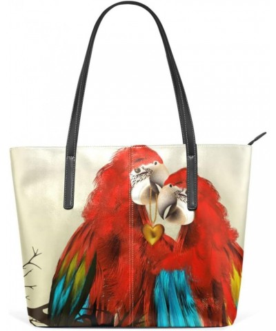 Watercolor Red Parrots Tote Bag with Zipper PU Leather Handbags for Women Top Handle Ladies Shoulder Bag with External Pocket...