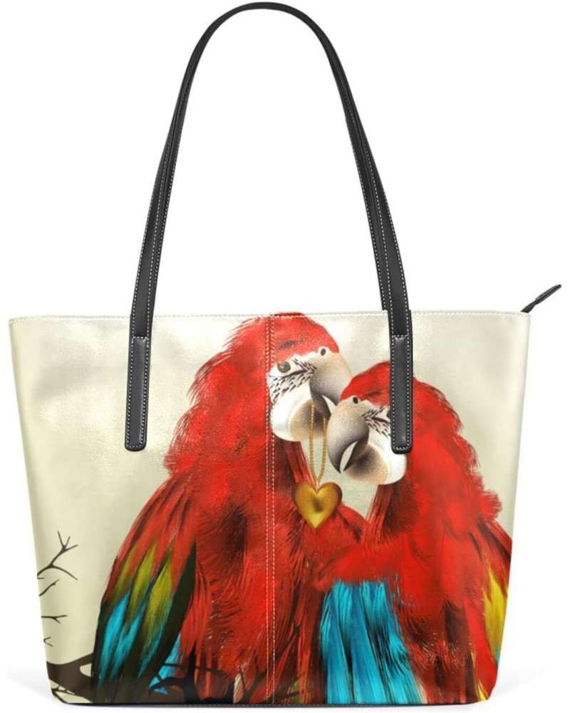 Watercolor Red Parrots Tote Bag with Zipper PU Leather Handbags for Women Top Handle Ladies Shoulder Bag with External Pocket...