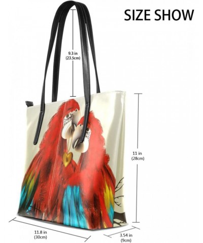 Watercolor Red Parrots Tote Bag with Zipper PU Leather Handbags for Women Top Handle Ladies Shoulder Bag with External Pocket...