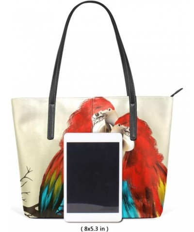 Watercolor Red Parrots Tote Bag with Zipper PU Leather Handbags for Women Top Handle Ladies Shoulder Bag with External Pocket...