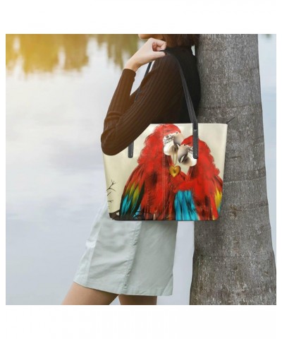 Watercolor Red Parrots Tote Bag with Zipper PU Leather Handbags for Women Top Handle Ladies Shoulder Bag with External Pocket...