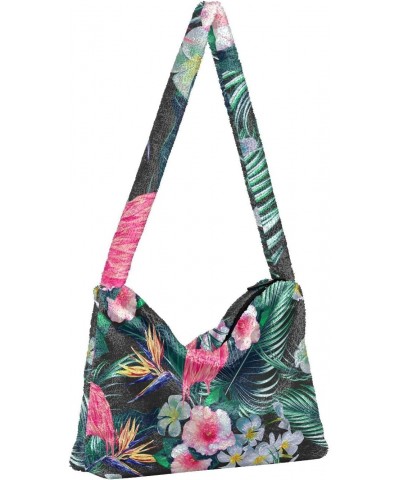 Women Boho Handbag Flamingo Hibiscus Bird Of Paradise Palm Leaf Underarm Bag Tote Bag Shoulder Bag Crossbody Bag Fluffy Cell ...