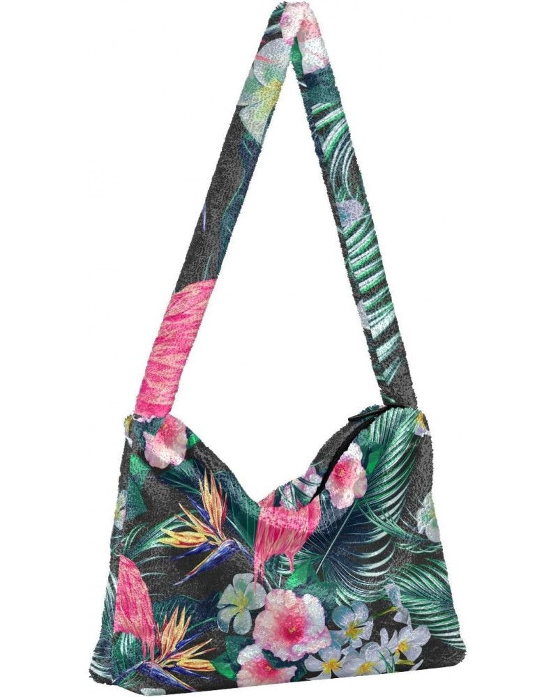 Women Boho Handbag Flamingo Hibiscus Bird Of Paradise Palm Leaf Underarm Bag Tote Bag Shoulder Bag Crossbody Bag Fluffy Cell ...