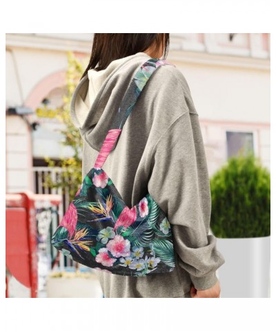 Women Boho Handbag Flamingo Hibiscus Bird Of Paradise Palm Leaf Underarm Bag Tote Bag Shoulder Bag Crossbody Bag Fluffy Cell ...