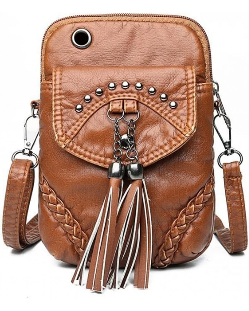 Women Vintage Rivet Crossbody Bag Tassel Pendant Phone Bags Coin Purse-Browm Browm $20.74 Totes