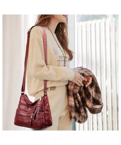 Shoulder Bag for Women Multi Zip Pocket Crossbody Bag Large Capacity Satchel Retro Handbag Leather Purse Brown $15.70 Totes