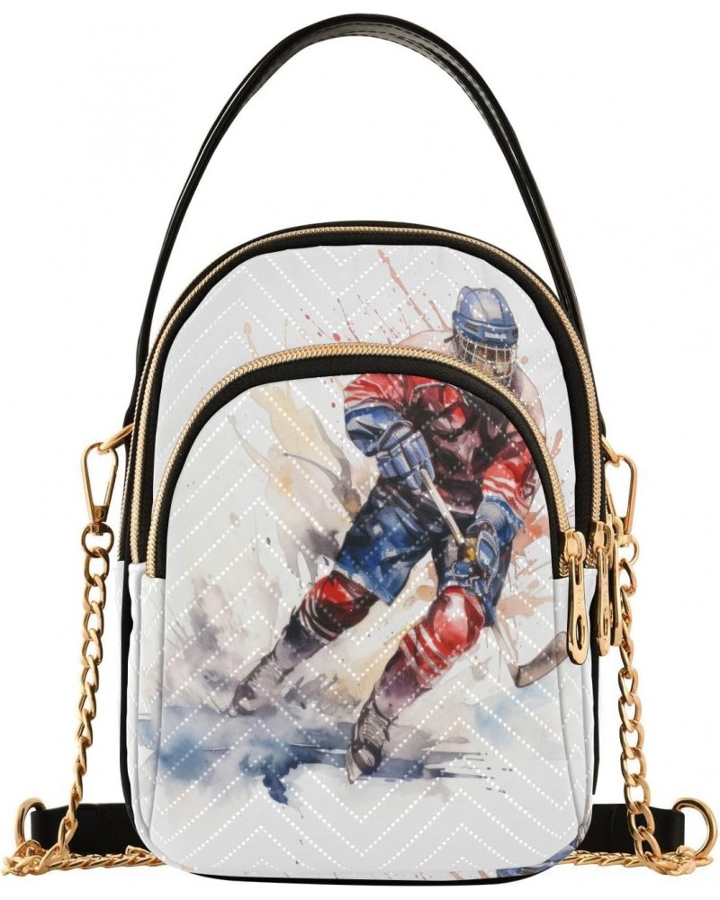 Watercolor Hockey Illustration Small Crossbody Bag Functional Multi Pocket Bag Shoulder Handbag $12.76 Crossbody Bags