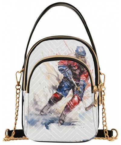 Watercolor Hockey Illustration Small Crossbody Bag Functional Multi Pocket Bag Shoulder Handbag $12.76 Crossbody Bags