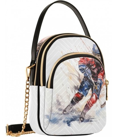 Watercolor Hockey Illustration Small Crossbody Bag Functional Multi Pocket Bag Shoulder Handbag $12.76 Crossbody Bags