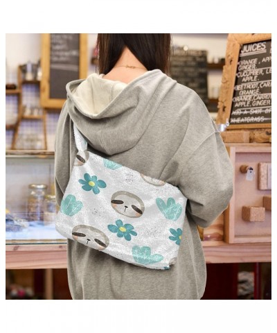 Sweet Sloth Floral Girls Ladies Hobo Handbags, Furry Tote Women's Shoulder Handbag $10.50 Totes