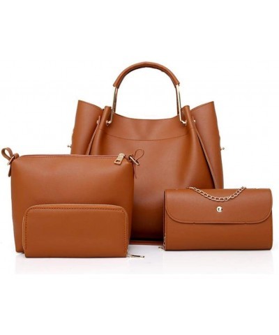 Handbag for Women 4Pcs Set Tote Shoulder Crossbody Bag Satchel Purses Wallet Bucket Bag Brown $17.99 Totes