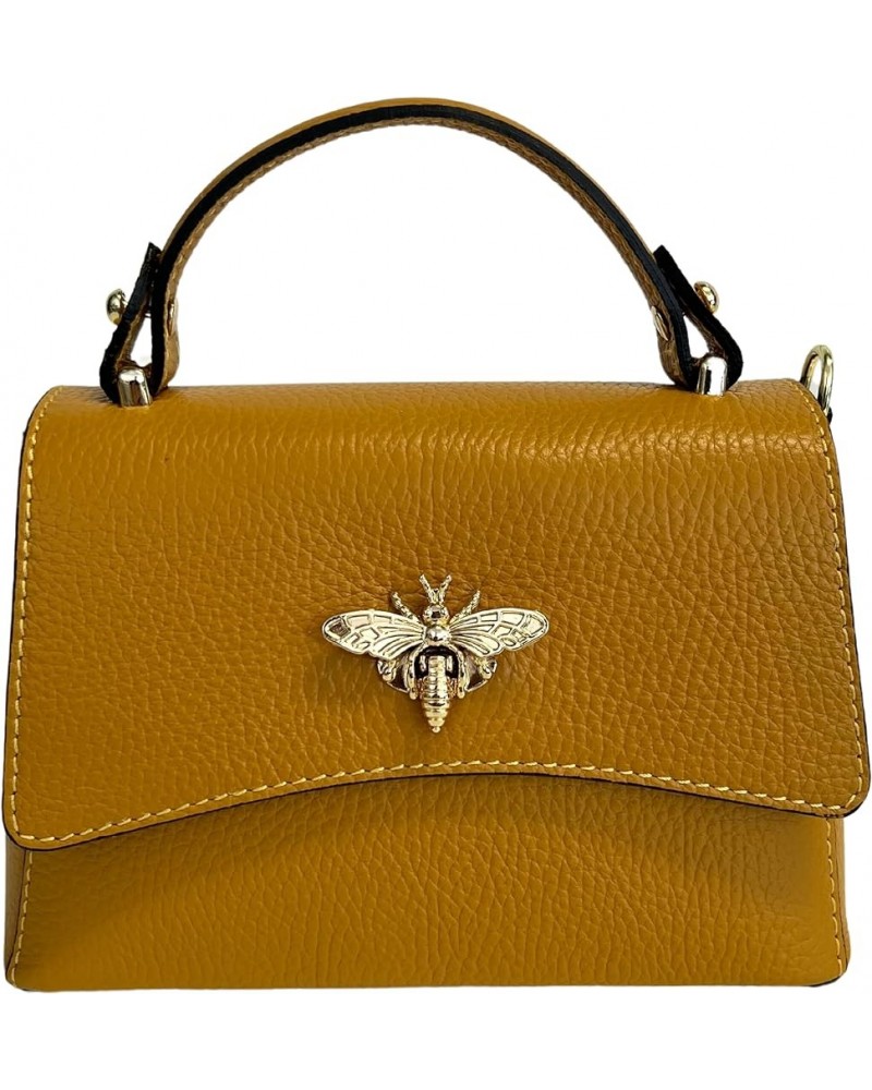 Women's Real Leather Shoulder Bag with Bee Closure 20 x 7 x 14 cm Mustard $90.30 Shoulder Bags