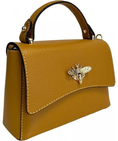 Women's Real Leather Shoulder Bag with Bee Closure 20 x 7 x 14 cm Mustard $90.30 Shoulder Bags