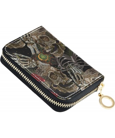 RFID Credit Card Holder Cardinal Bird Leather With Zipper Card Case Wallet for Women Girls Embroidery Skull Moon and Mushroom...