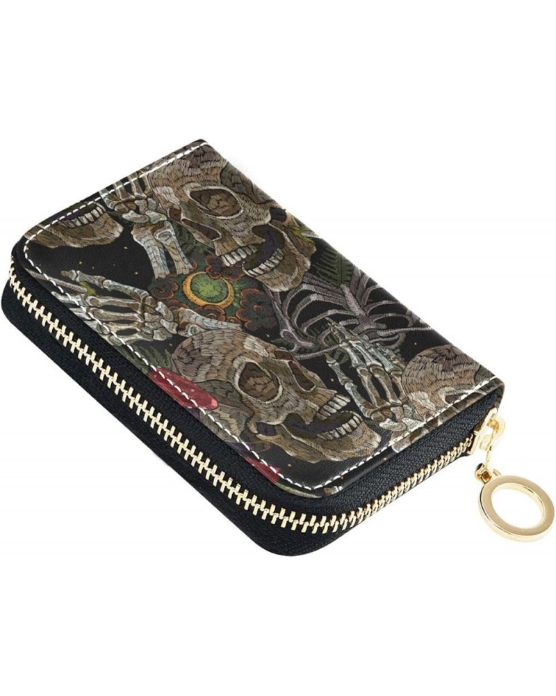 RFID Credit Card Holder Cardinal Bird Leather With Zipper Card Case Wallet for Women Girls Embroidery Skull Moon and Mushroom...