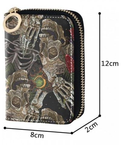 RFID Credit Card Holder Cardinal Bird Leather With Zipper Card Case Wallet for Women Girls Embroidery Skull Moon and Mushroom...