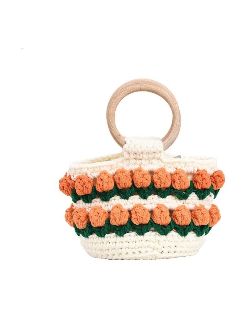 Cute Cotton Thread Woven Bag for Winter, Kawaii Flower Hand-woven Top-handle for Women Girls, Fuzzy Plush Bucket Handbag Yell...