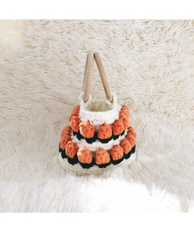 Cute Cotton Thread Woven Bag for Winter, Kawaii Flower Hand-woven Top-handle for Women Girls, Fuzzy Plush Bucket Handbag Yell...